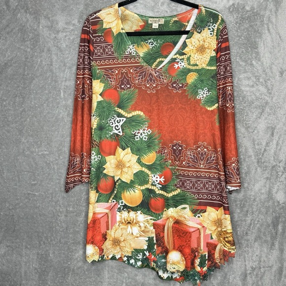 One World 1X Shirt Top Red Floral Flared 3/4 Sleeve V Neck Stretch Holiday Knit - Picture 1 of 9